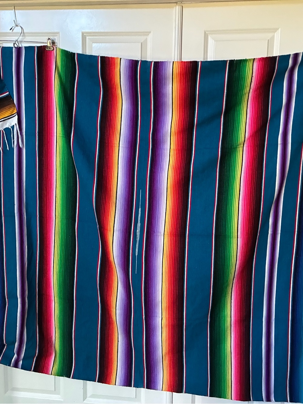 Vibrant Teal Mexican Serape Blanket with Rainbow Stripes